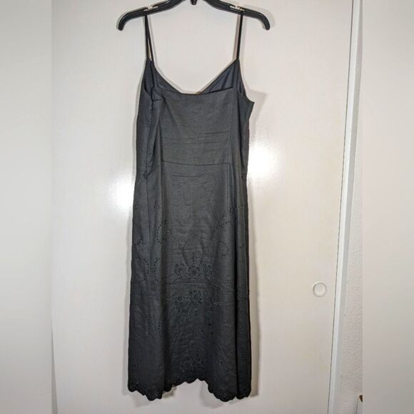 Ann Taylor Loft Linen Black V-Neck Spaghetti Strap Embellished Dress Size 12 - Picture 2 of 11